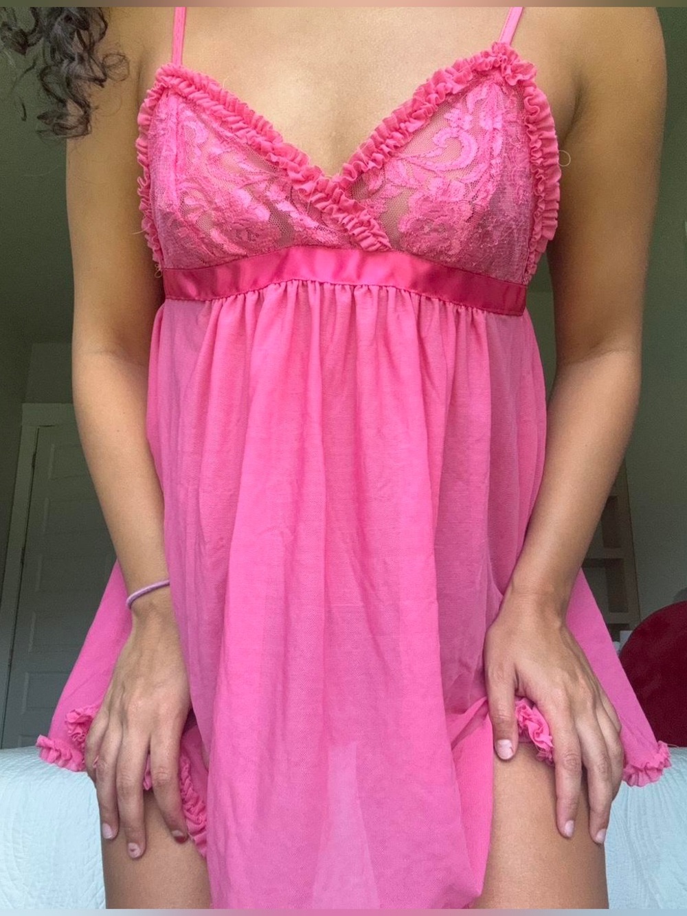 🎀 Vintage Y2K Hot Pink Lace Babydoll Lingerie Dress Fairycore Fembot Frilly Bow